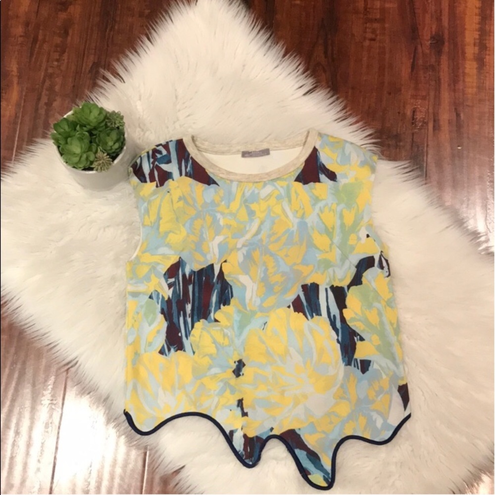 ZARA Blue and Yellow Floral Scuba Asymmetric Paint Drip Cap Sleeve Crop Top M